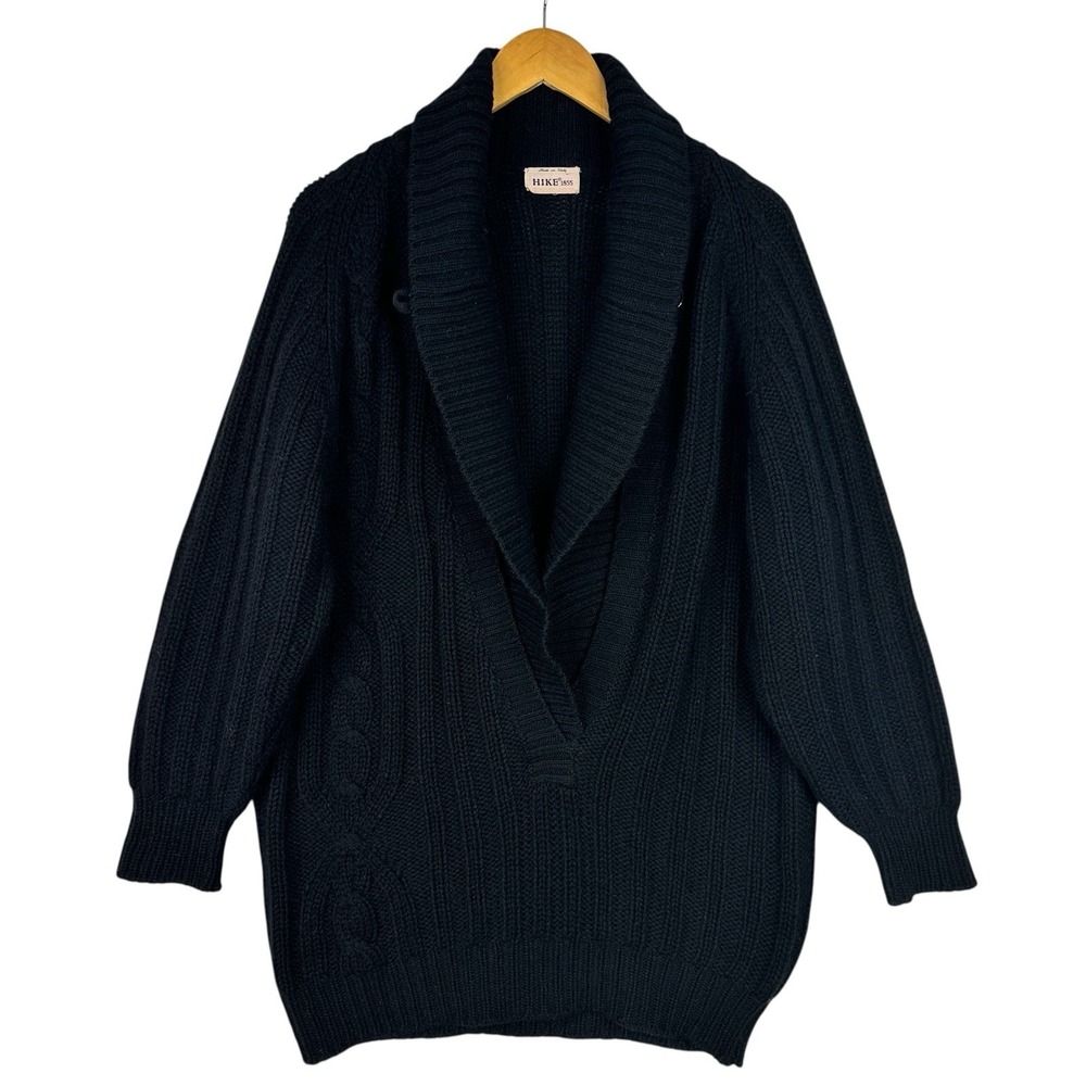 Vintage Hike 1855 Italian Wool Shawl Collar Cable Knit Sweater Unisex Black